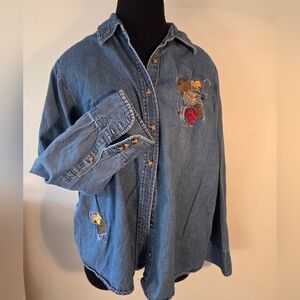 Denim size 1X button down shirt, embroidered fall leaves acorns